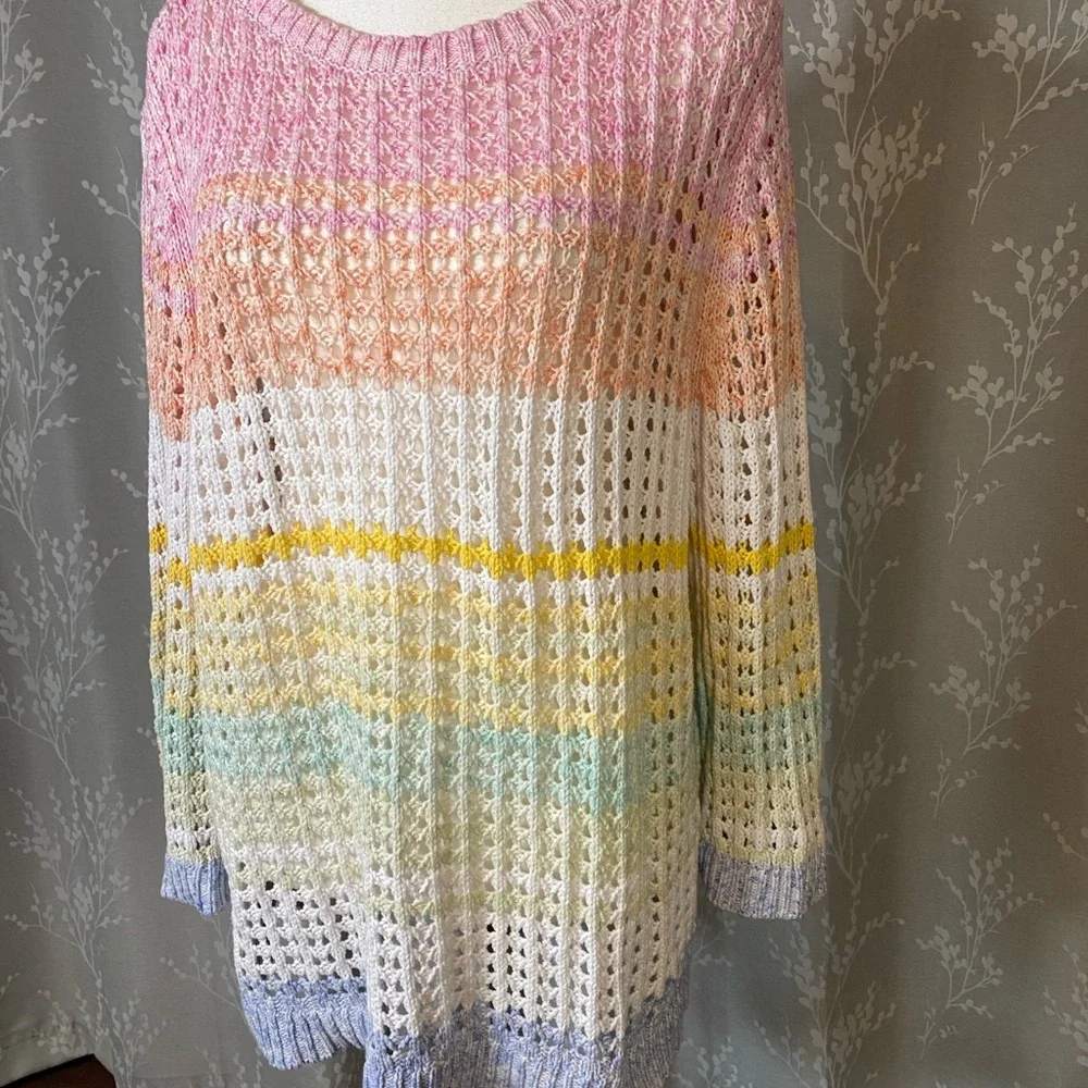 Talbots Petite XL Pastel Rainbow Open Knit Crochet Sweater Tunic - Picture 2 of 6